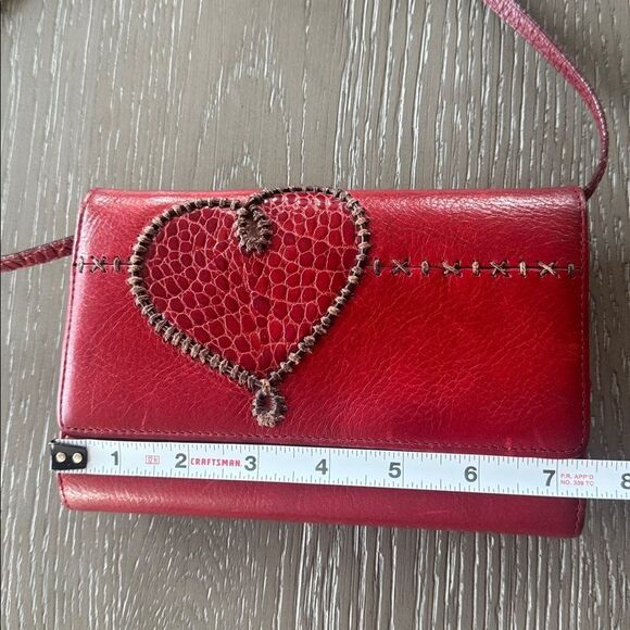 Brighton Red Leather Croc Heart Accent Stitched Crossbody Bag Wallet Organizer - Picture 7 of 16